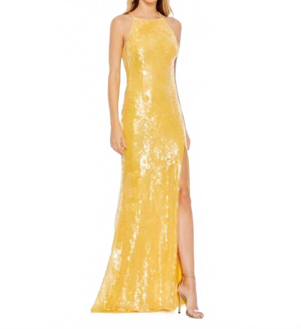 NEW MAC DUGGAL sequined cowl neck high slit evening gown in yellow